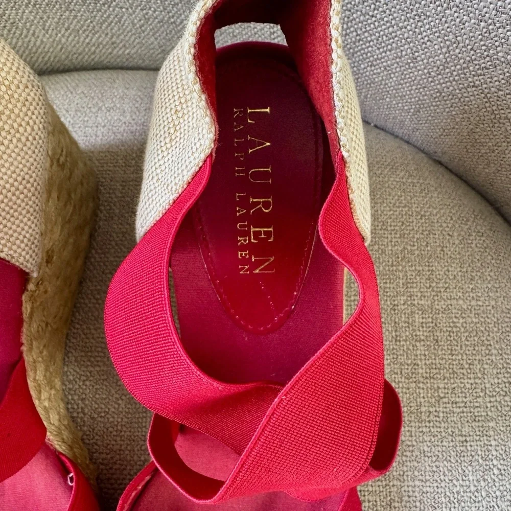 Lauren Ralph Lauren Red Espadrille Wedge Sandals Elastic Straps